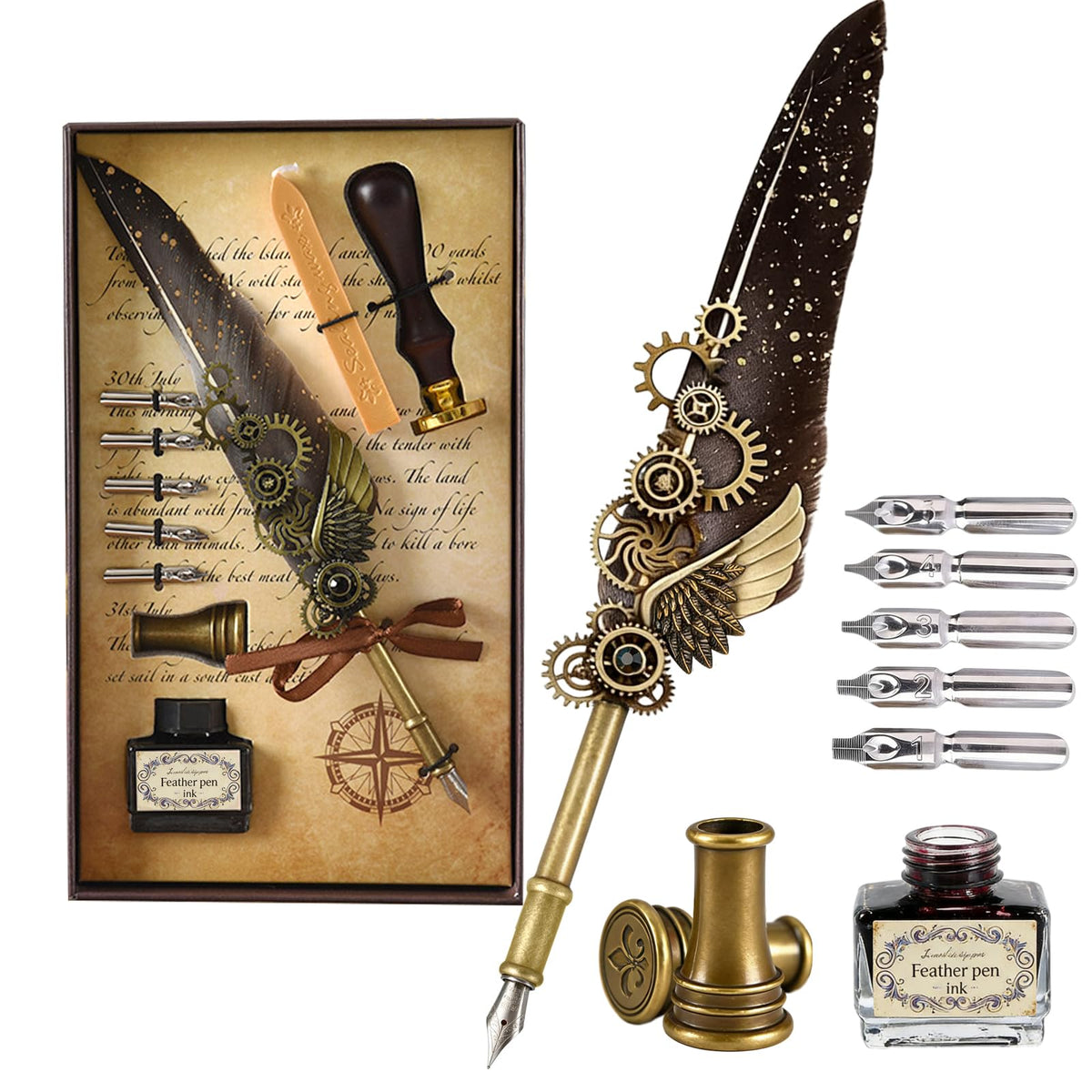 Joyeee Grey Feather Quill Pen Set, with Dip Pen Ink, Pen Nib Base, Replacement Stainless Steel Nibs, Sealing Wax Stamp Kit for Calligraphy Practice, Drawing & Signatures, Best Gifts for Women Men
