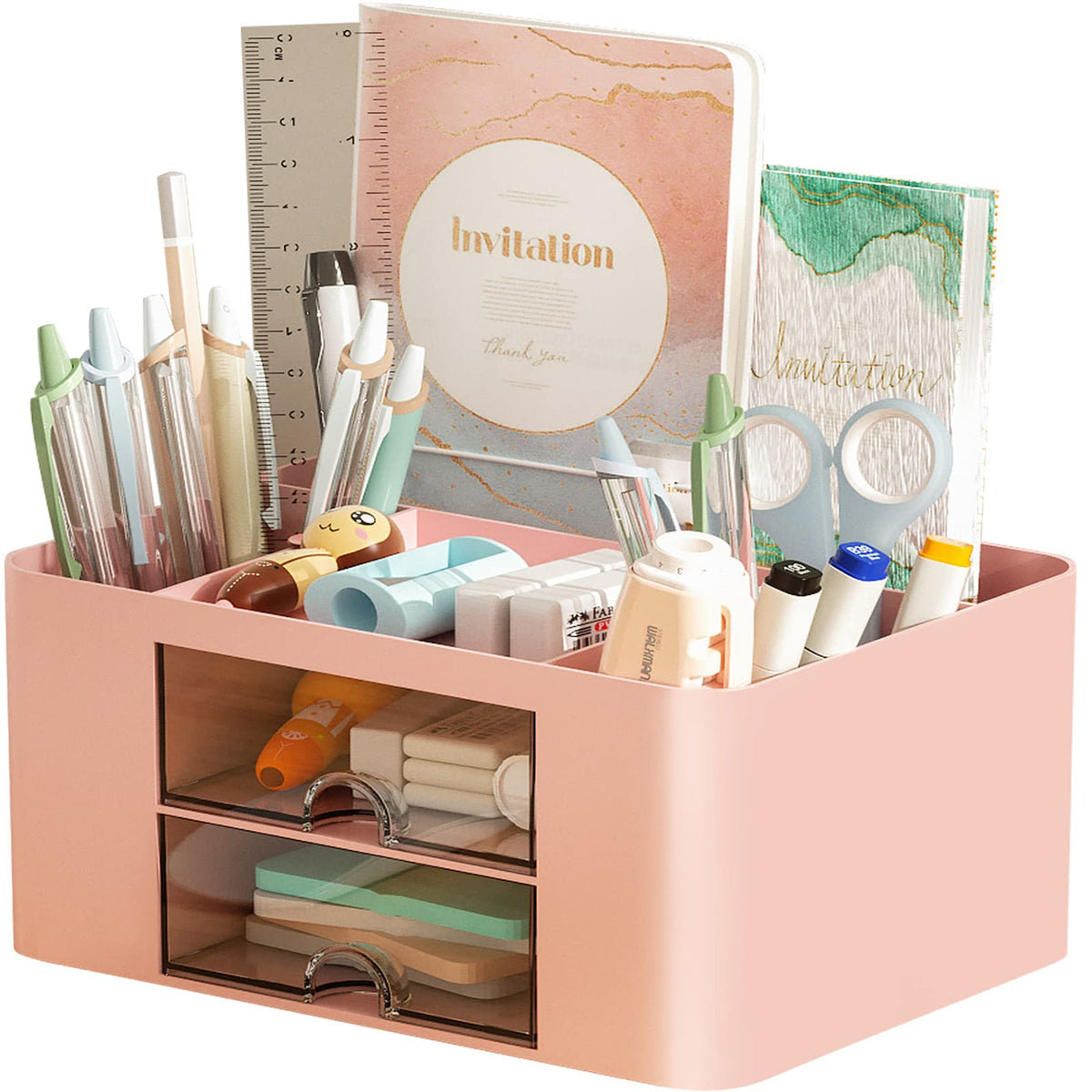 Marbrasse Pen Organizer with 2 Drawer, Multi-Functional Pencil Holder for Desk, Desk Organizers and Accessories with 5 Compartments + Drawer for Office Art Supplies (Black)