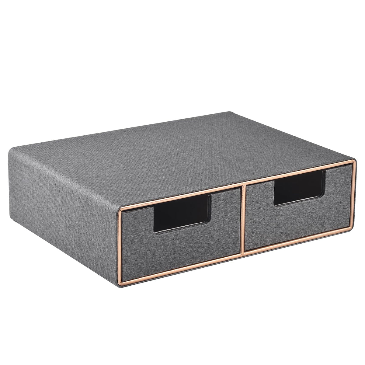 Linen Leather Desk Organizer and monitor stand with Drawers－Mini Desktop Drawer Organizer Stackable－Tabletop Organization Storage Box for Office Supplies Home Vanity Toiletries (Black, 2-drawers)