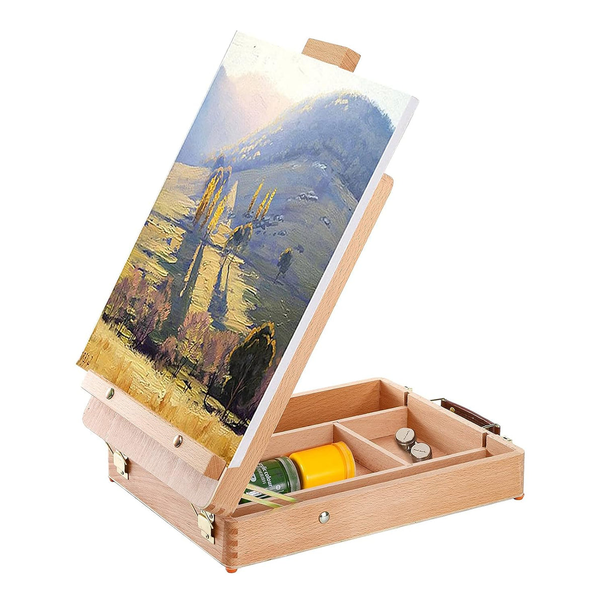 DEAYOU Wood Tabletop Easel Storage Box, Beechwood Portable Sketchbox for Painting, Adjustable Wooden Desktop Drawing Easel Case for Art Supplies, Painters, Adult, Student, Artist, Beginner