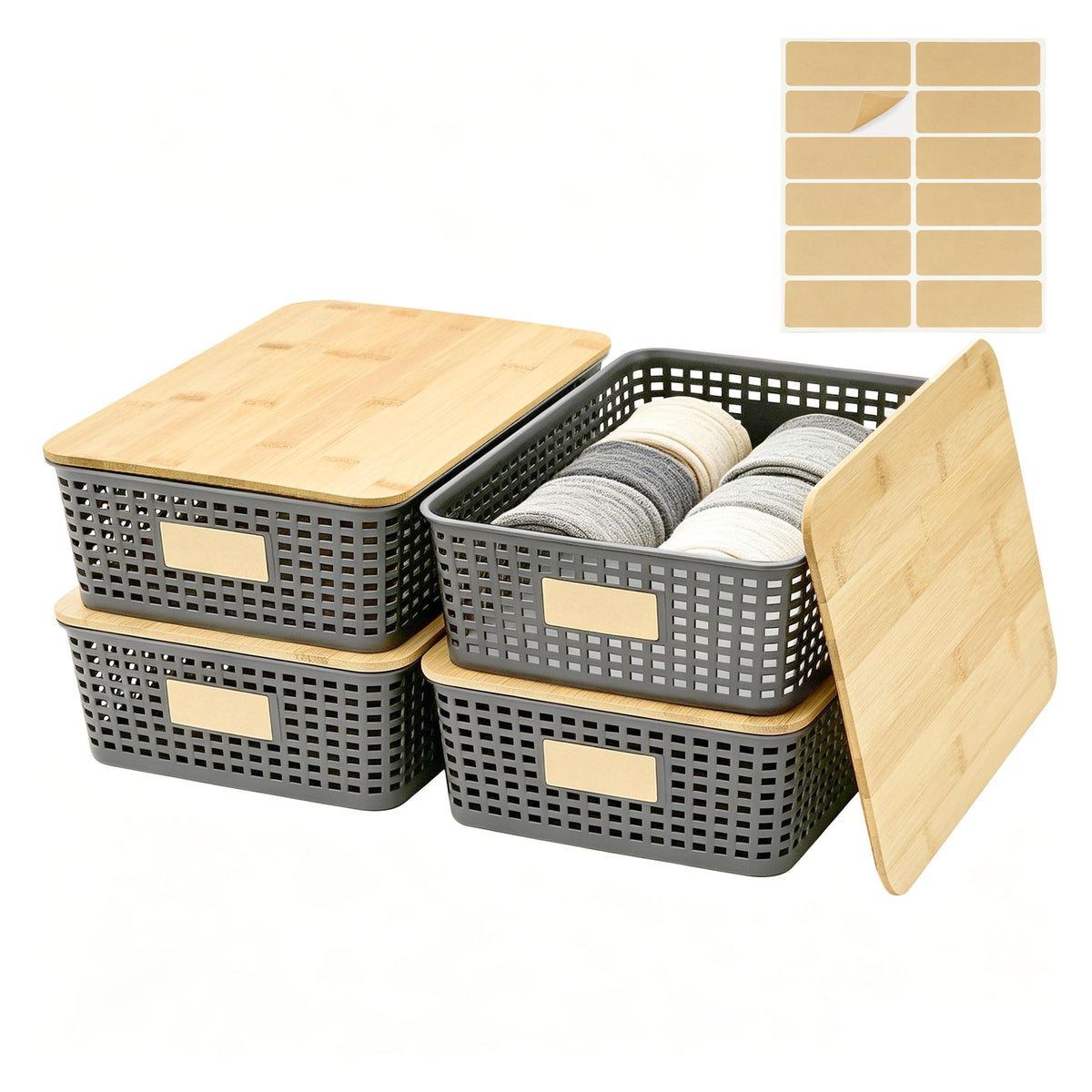 Bagnizer Small Plastic Storage Bins with Bamboo Lids 5.2qt Stackable Box Basket Pantry Decorative Containers Cute with Lable for Organizing Desktop Closet Office Black of 6 packs 10 * 7.2 * 4.1"