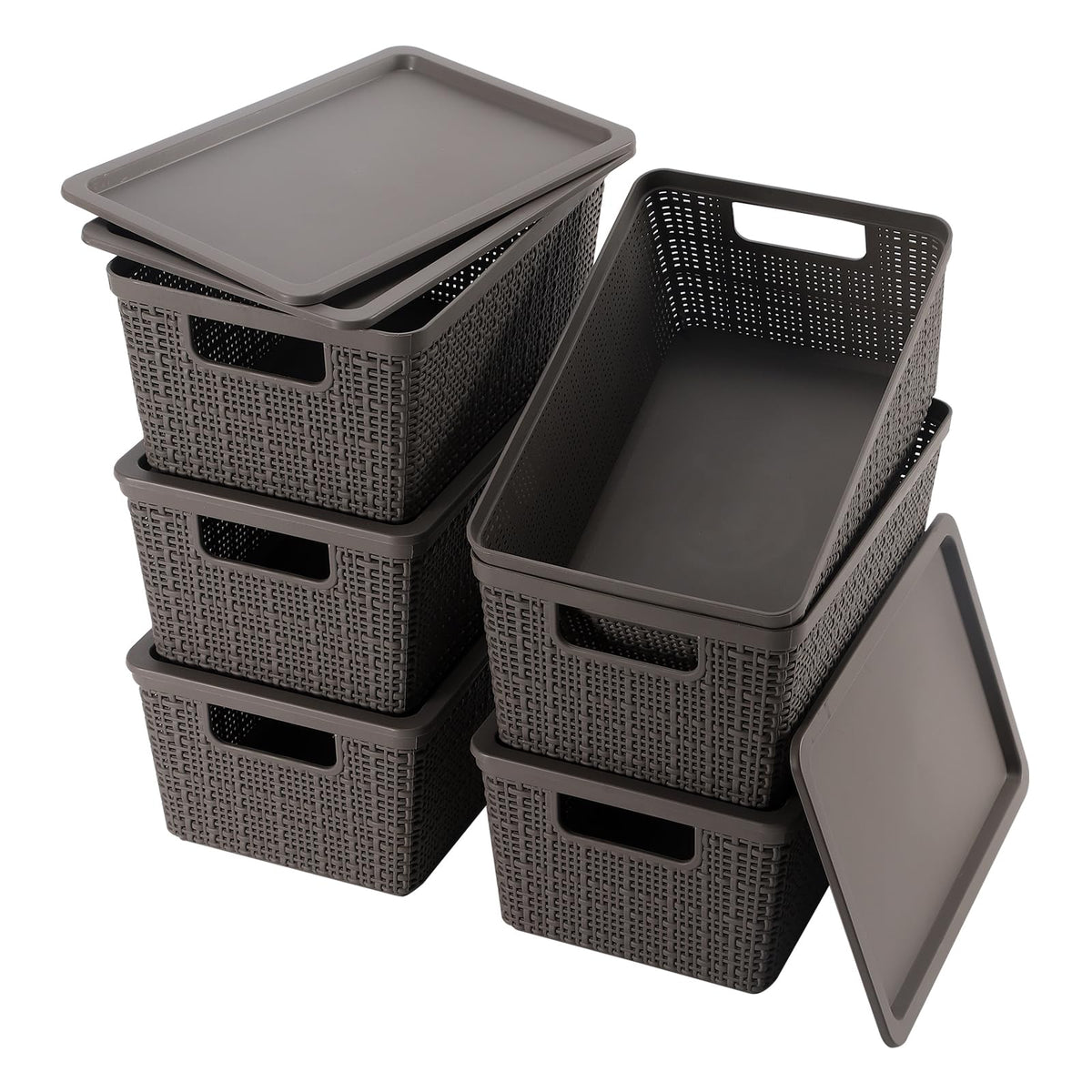 6 Pack Plastic Storage Baskets,Brown bamboo lid storage Box