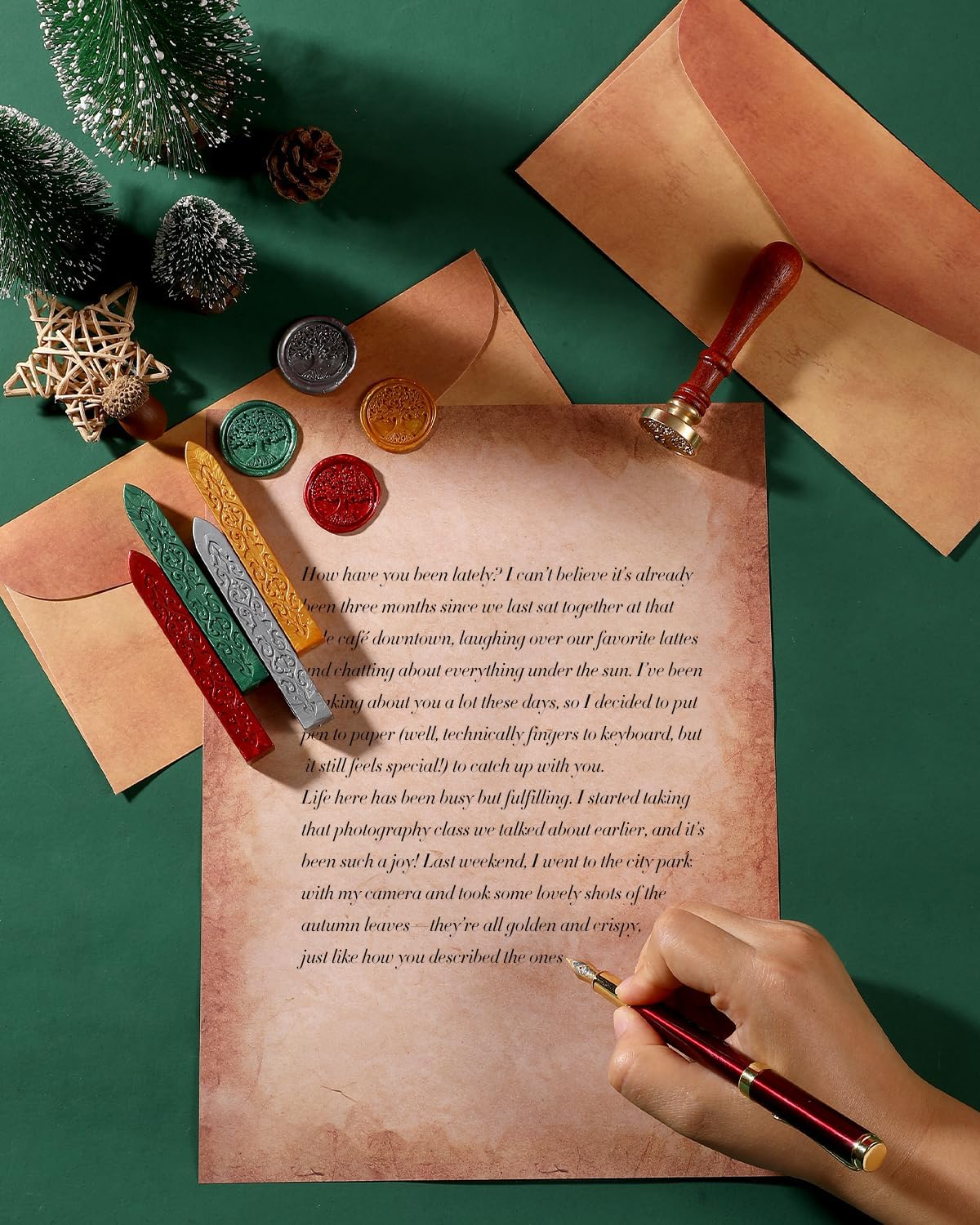 42Pcs Vintage Paper and Envelopes Set, 15 Stationary Letter and Envelopes, 8 Wax Seal Sticks, Wax Spoon, Life Tree Stamp and 2 Tea Candles for Xmas Wedding Party Invitation Love Letter