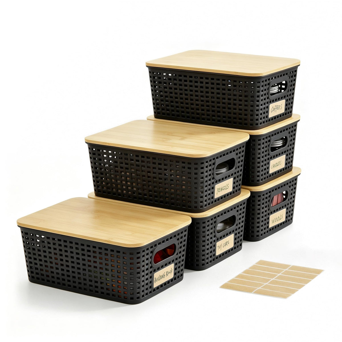 Bagnizer Small Plastic Storage Bins with Bamboo Lids 5.2qt Stackable Box Basket Pantry Decorative Containers Cute with Lable for Organizing Desktop Closet Office Black of 6 packs 10 * 7.2 * 4.1"