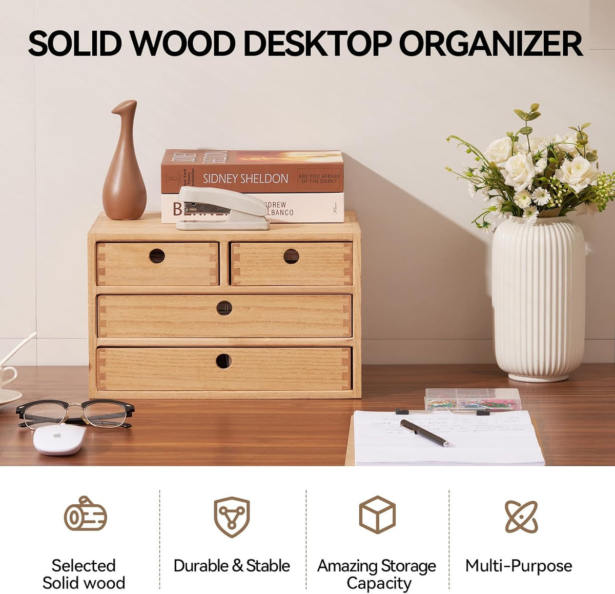 KIRIGEN Wood Desk Organizer with 4 Drawers, Desktop Storage, Natural 34-NA