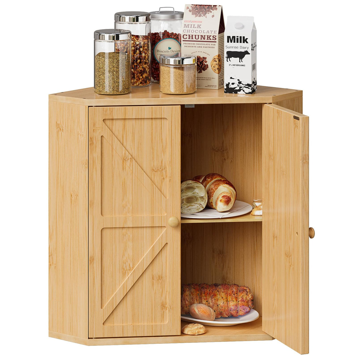 Trironsun Corner Bread Box for Kitchen Counter Double Layer Bamboo Bread Storage Container Large Capacity Bread Storage Bin Farmhouse Breadbox Organizer (White)