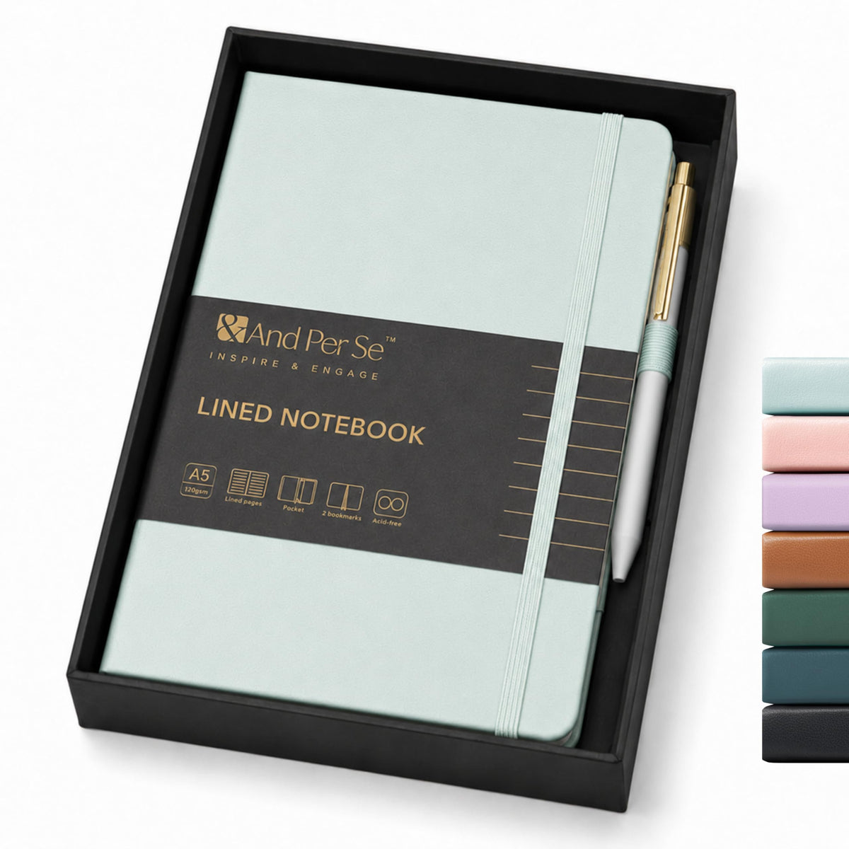 &And Per Se Lined Journal and Pen Set, A5 Leather Hardcover Notebook with Pen & Stationary Set, 160 Pages 100GSM Thick Ruled Paper Journal for Business Work Writing (Dark Blue)