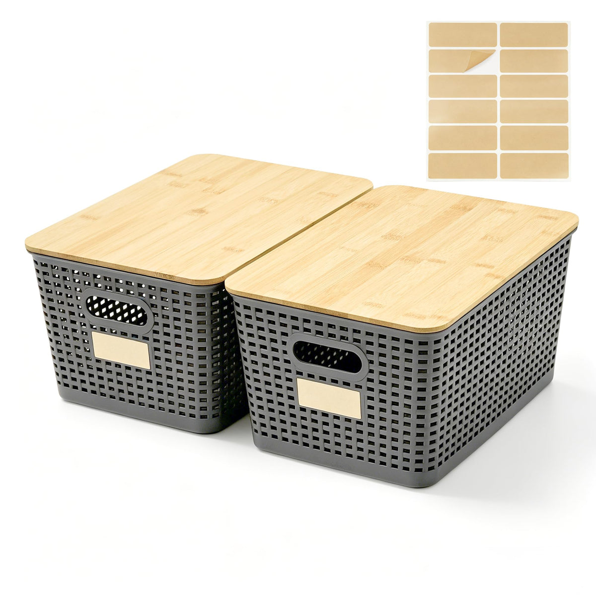 Bagnizer Small Plastic Storage Bins with Bamboo Lids 5.2qt Stackable Box Basket Pantry Decorative Containers Cute with Lable for Organizing Desktop Closet Office Black of 6 packs 10 * 7.2 * 4.1"