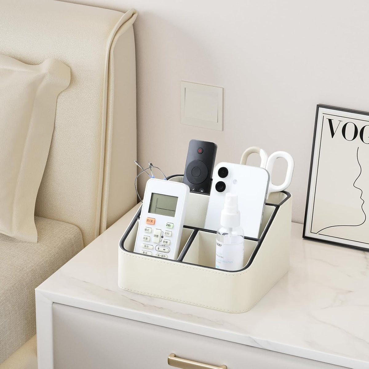 PU Leather Remote Control Holder, Nightstand Organizer with 4 Compartments