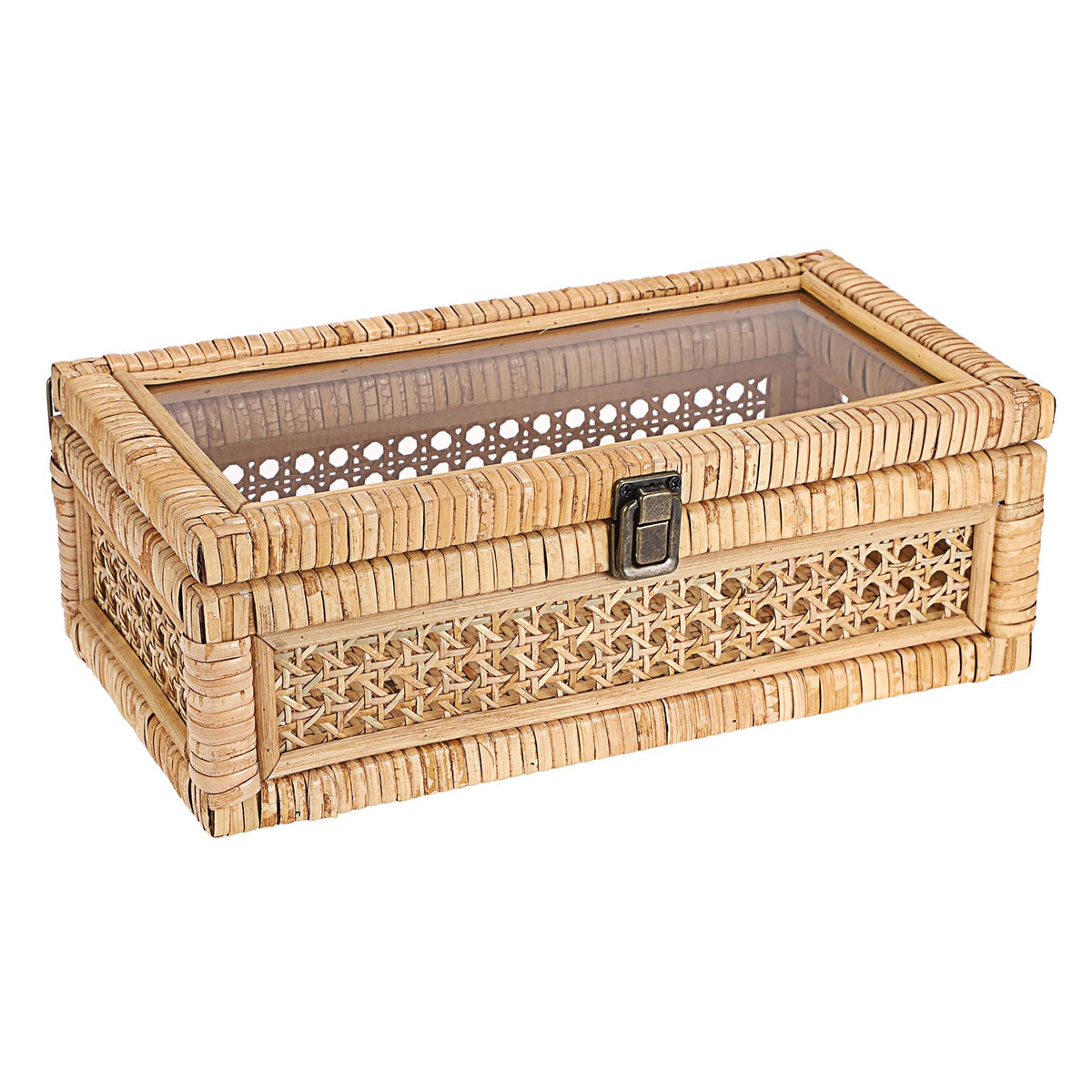 Hipiwe Rattan Display Box with Clear Lid Rectangular Wicker Storage Basket