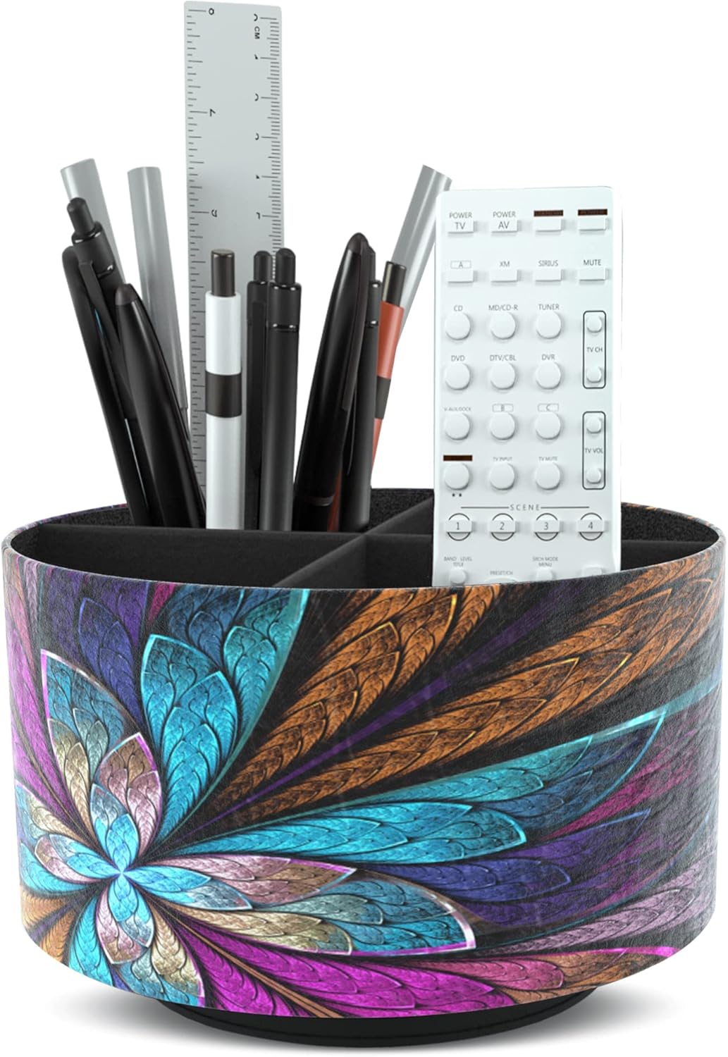 Round Leather Art Supply Organizer,Remote Control Holder,360 Degree Rotating,Multi-Functional Pencil Holder,4 Compartments Desktop Stationary Organizer(1-Fractal Flower)
