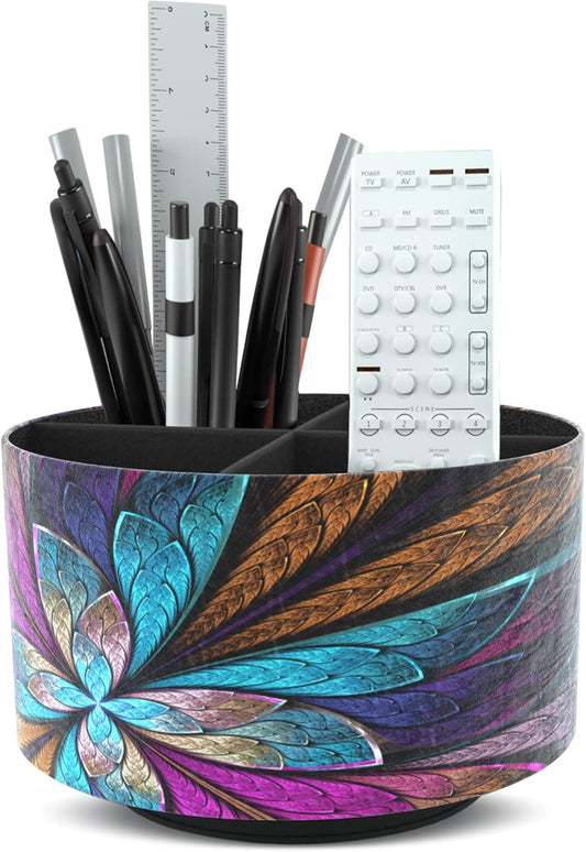 Round Leather Art Supply Organizer,Remote Control Holder,360 Degree Rotating,Multi-Functional Pencil Holder,4 Compartments Desktop Stationary Organizer(1-Fractal Flower)