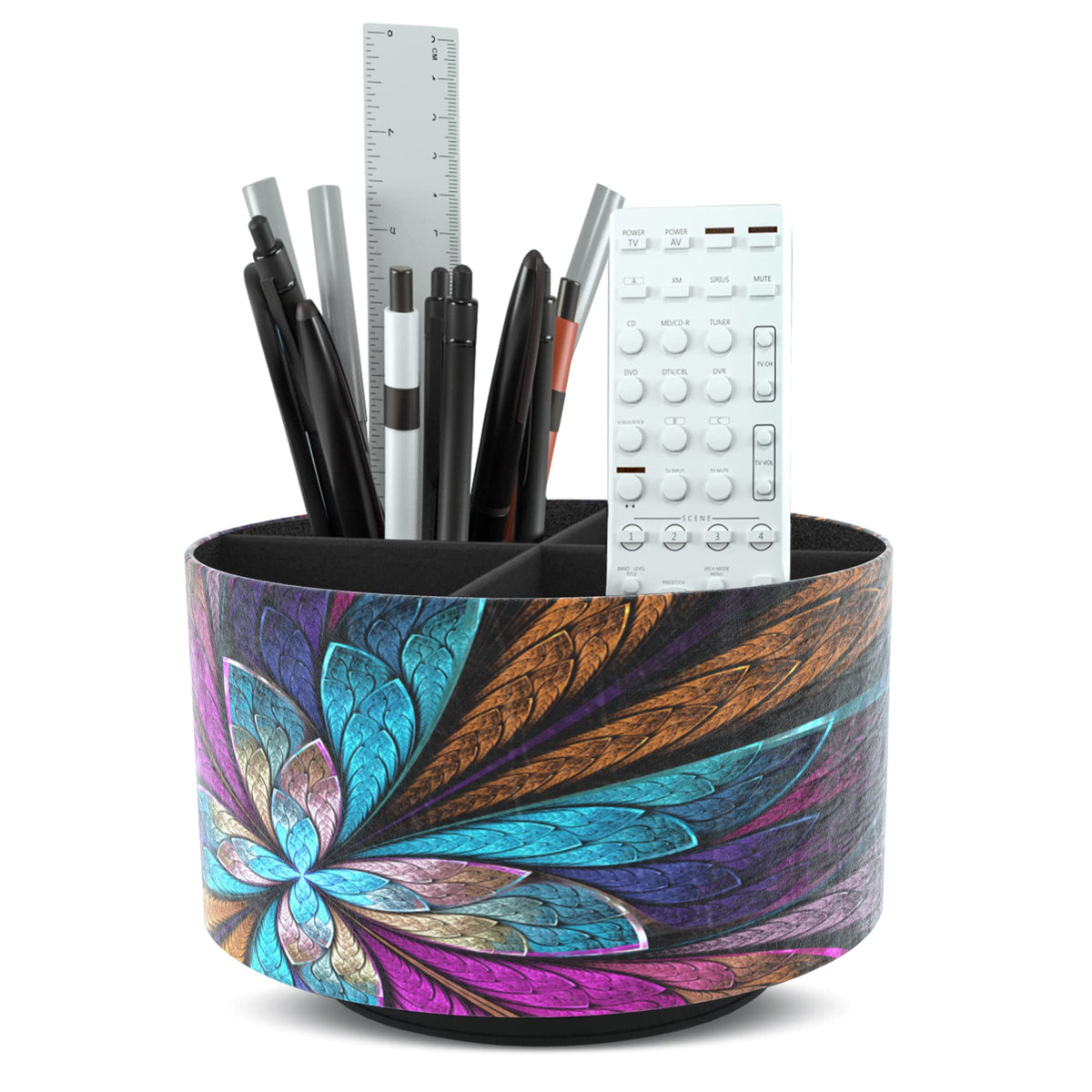 Round Leather Art Supply Organizer,Remote Control Holder,360 Degree Rotating,Multi-Functional Pencil Holder,4 Compartments Desktop Stationary Organizer(1-Fractal Flower)