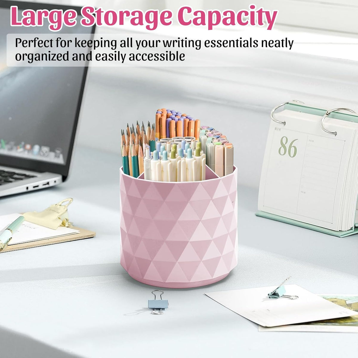 minimaliving Desk Organizer,Sparkling Diamond-like Pen Holder for Desk 360°Rotating Office Accessories,Pencil Cup with 5 Compartments Storage Box Caddy for Office,School,Home,Art Supply(Pink)