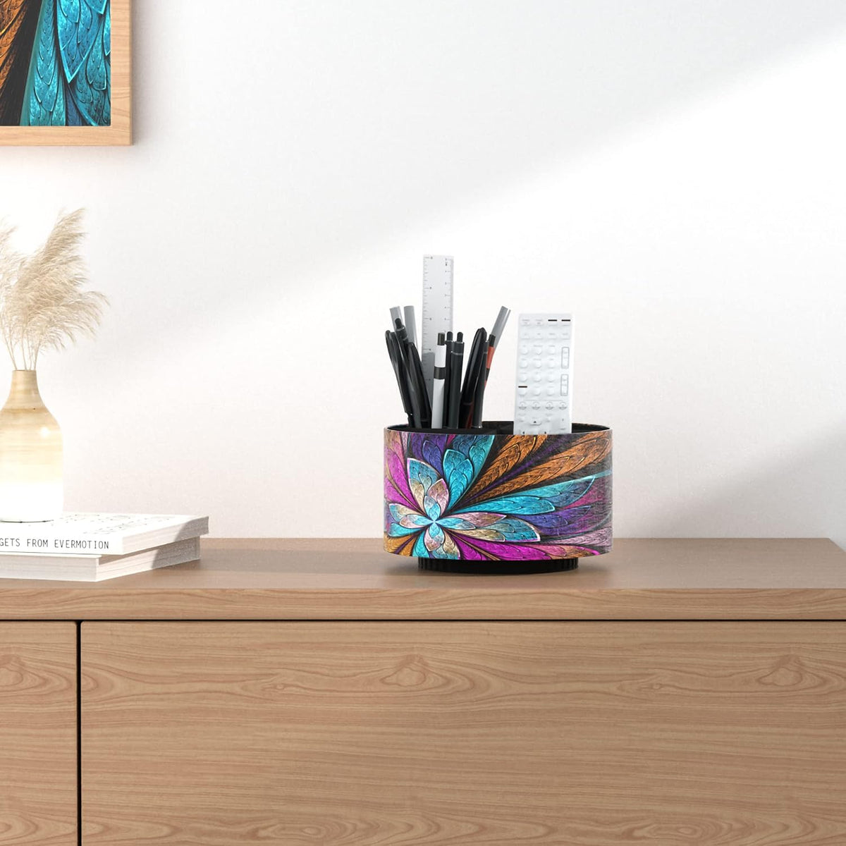 Round Leather Art Supply Organizer,Remote Control Holder,360 Degree Rotating,Multi-Functional Pencil Holder,4 Compartments Desktop Stationary Organizer(1-Fractal Flower)
