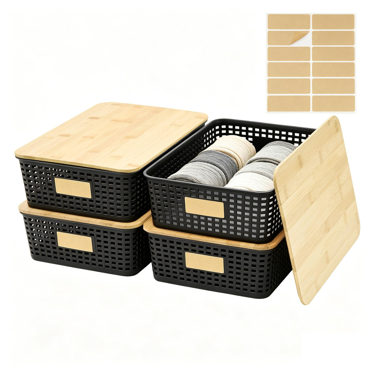 Bagnizer Small Plastic Storage Bins with Bamboo Lids 5.2qt Stackable Box Basket Pantry Decorative Containers Cute with Lable for Organizing Desktop Closet Office Black of 6 packs 10 * 7.2 * 4.1"