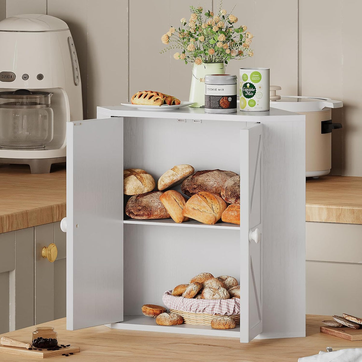 Trironsun Corner Bread Box for Kitchen Counter Double Layer Bamboo Bread Storage Container Large Capacity Bread Storage Bin Farmhouse Breadbox Organizer (White)