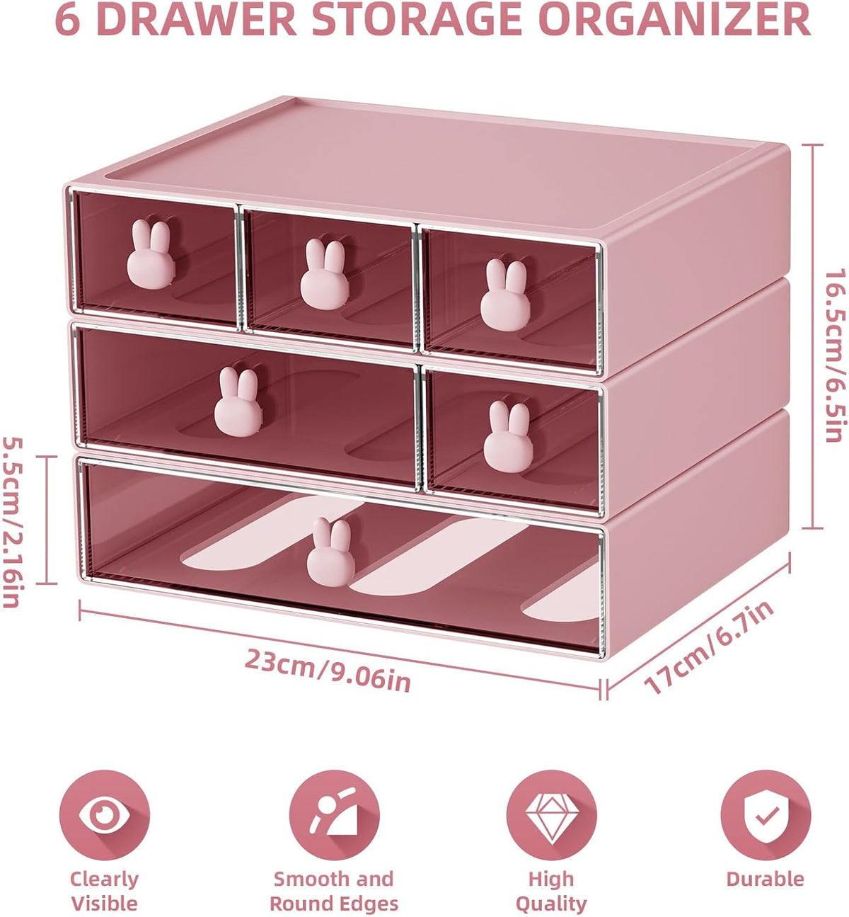 Marbrasse Desk Organizer with 6 Drawers, 3 Tier Stackable Storage Drawers Plastic Makeup Storage, Office Organizers and Storage, Desk Storage Box for Office, School, Home Pink