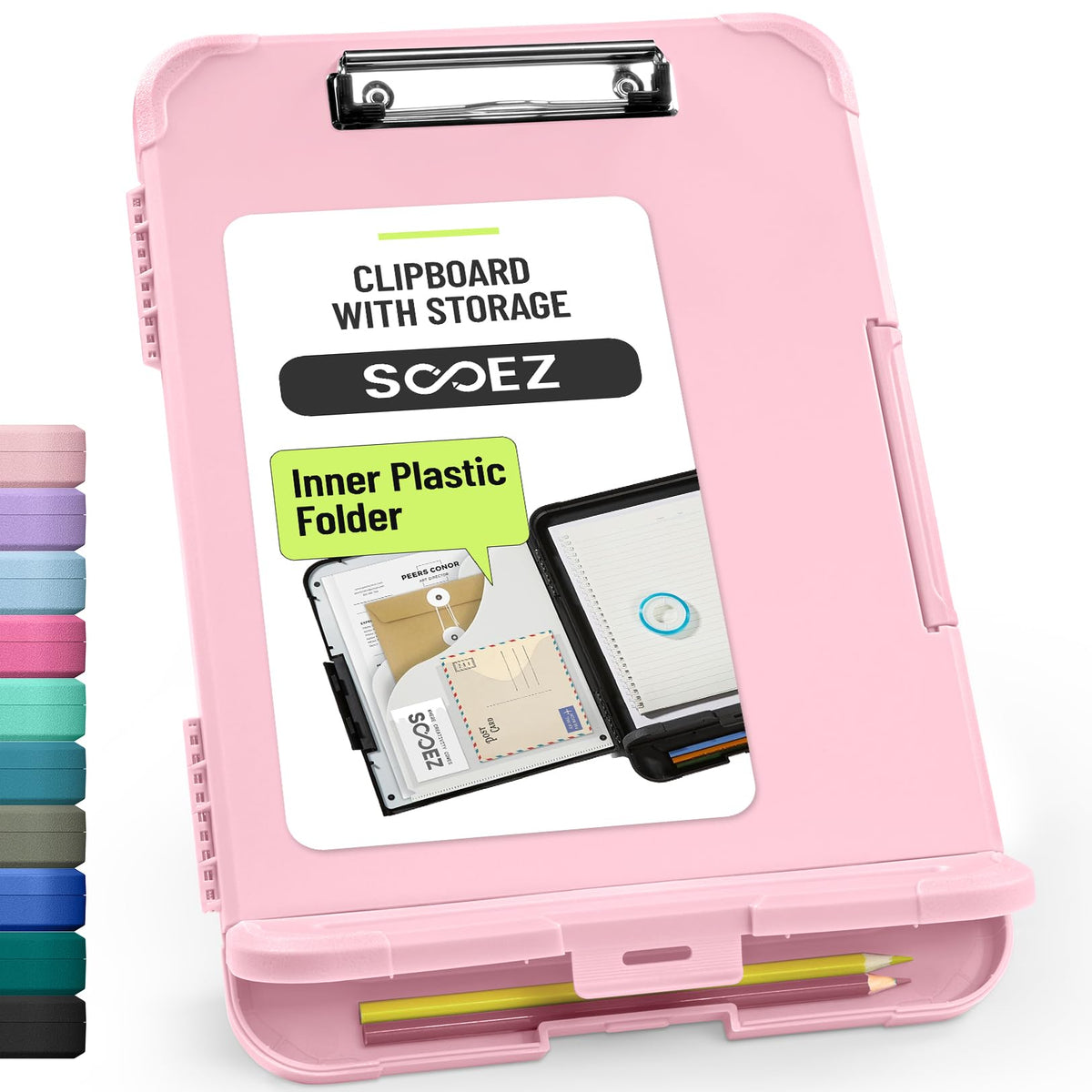 Sooez Reinforced Clipboard with Storage, Inner Plastic Folder Attached, Heavy Duty Plastic Clip Boards 8.5x11 with Pen Holder, High Capacity Nursing Clipboard for Teacher Office Home, Letter / A4 Size