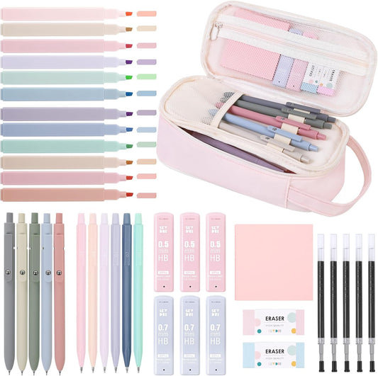 SKYDUE School Supplies Kit, 38 PCS Cute Stationery Set with Large Pencil Case, Pens, Mechanical Pencil Set, Highlighters & Refills, Aesthetic School Supplies for Girls, College, Back to School Pink