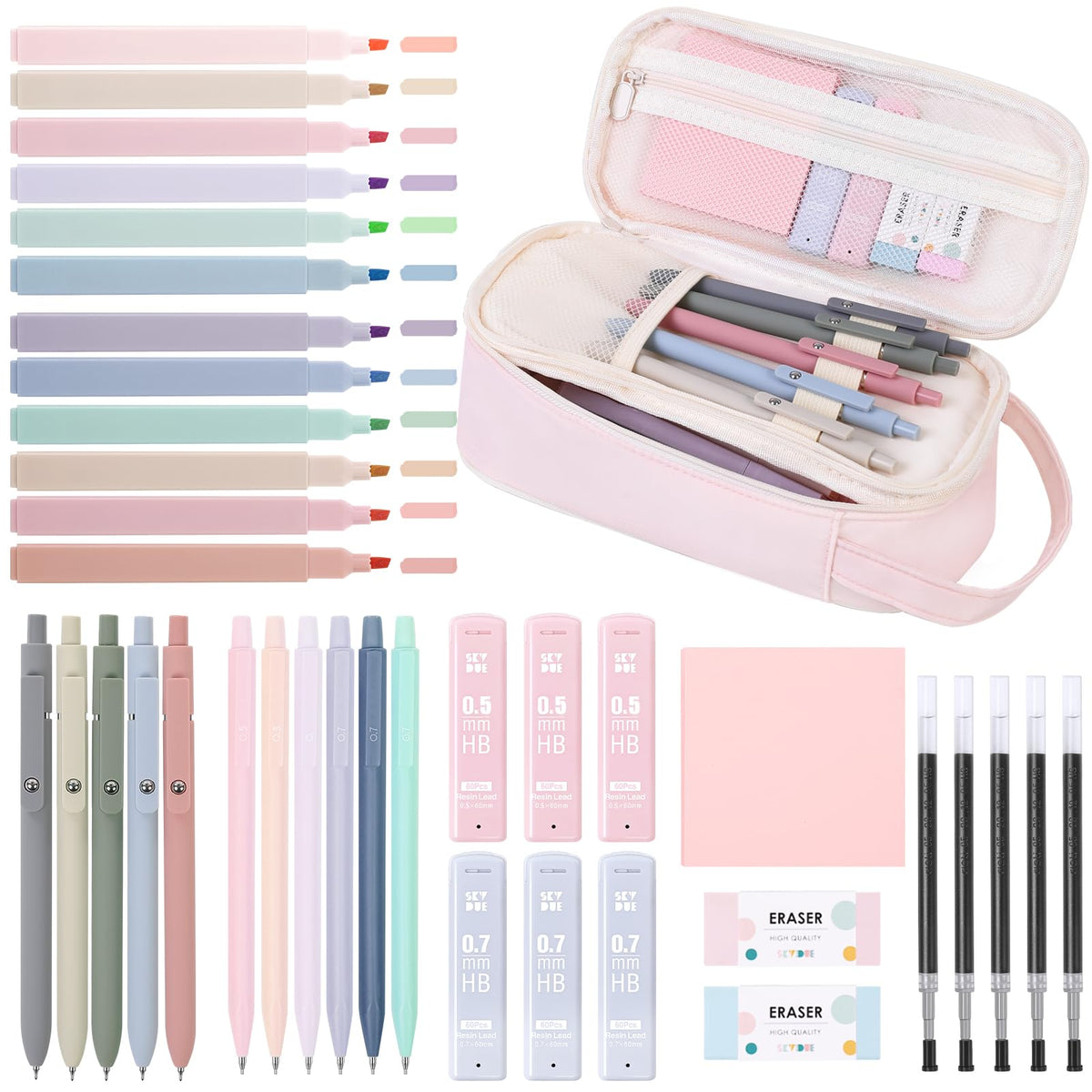 SKYDUE School Supplies Kit, 38 PCS Cute Stationery Set with Large Pencil Case, Pens, Mechanical Pencil Set, Highlighters & Refills, Aesthetic School Supplies for Girls, College, Back to School Pink