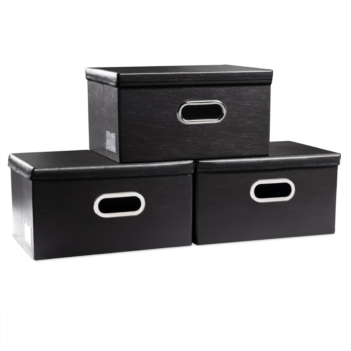 PRANDOM Large Collapsible Storage Bin with Lid [1-Pack] Leather Fabric Foldable Storage Box Organizer Containes Basket Cube with Cover for Home Bedroom Closet Office Nursery Black (17.7x11.8x11.8)