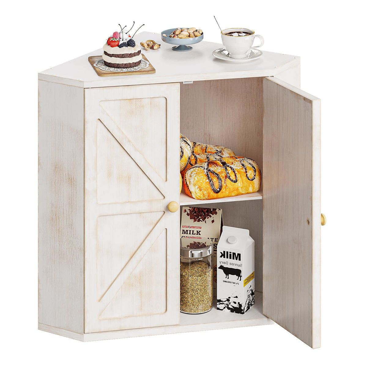 Trironsun Corner Bread Box for Kitchen Counter Double Layer Bamboo Bread Storage Container Large Capacity Bread Storage Bin Farmhouse Breadbox Organizer (White)