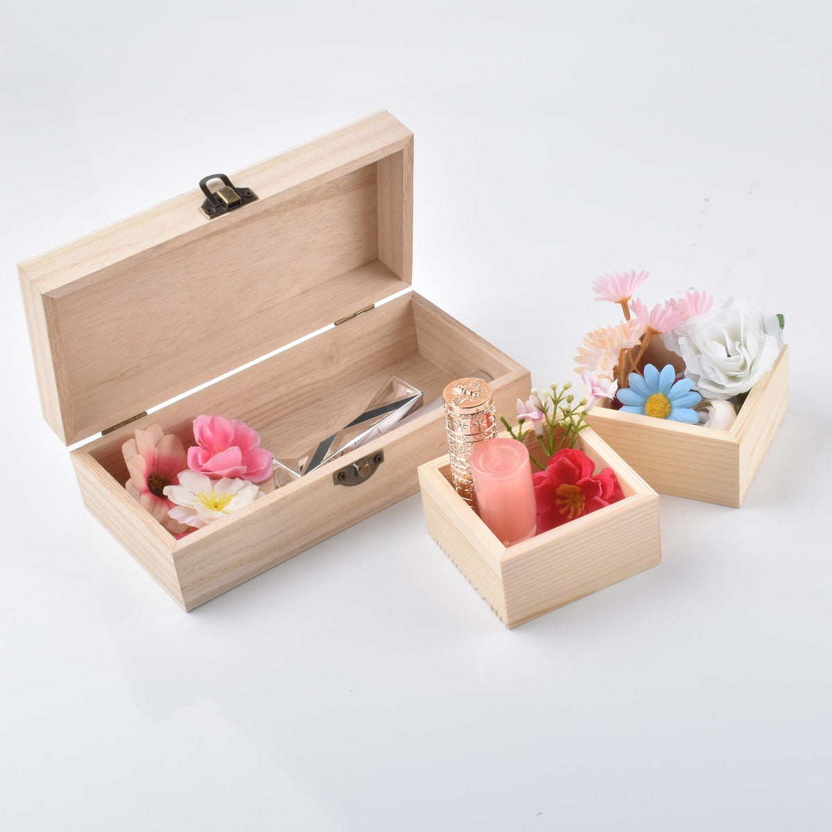 4 Pack Square Unfinished Pine Wood Storage Boxes, Natural Wooden Organizer Bins for Desktop, Bathroom, Kitchen, DIY Crafts, 8x8x4cm (small boxes 4p)