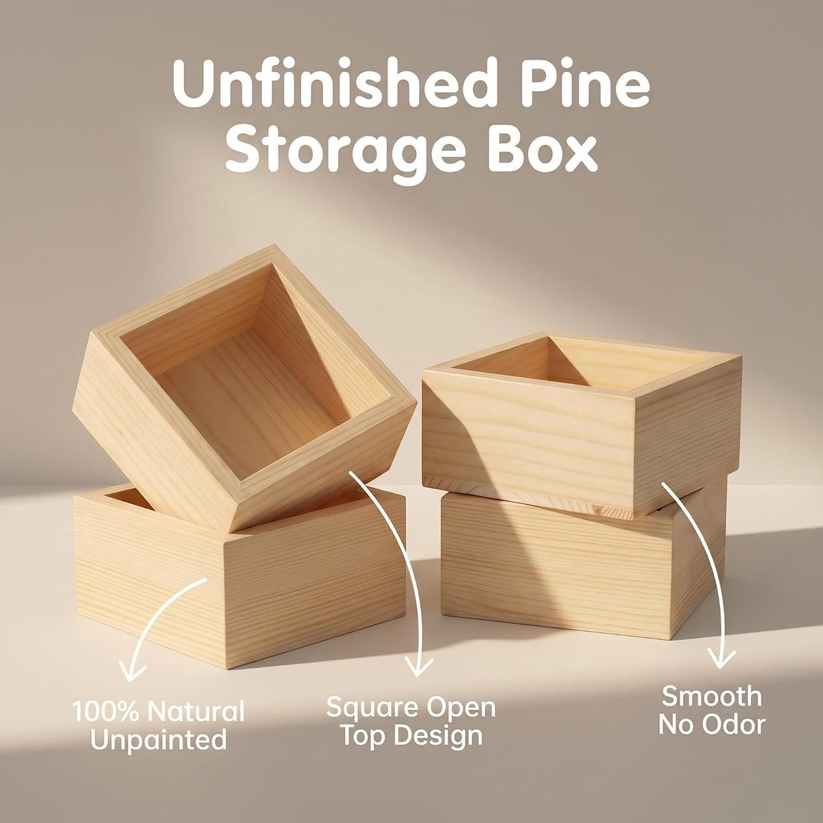 4 Pack Square Unfinished Pine Wood Storage Boxes, Natural Wooden Organizer Bins for Desktop, Bathroom, Kitchen, DIY Crafts, 8x8x4cm (small boxes 4p)