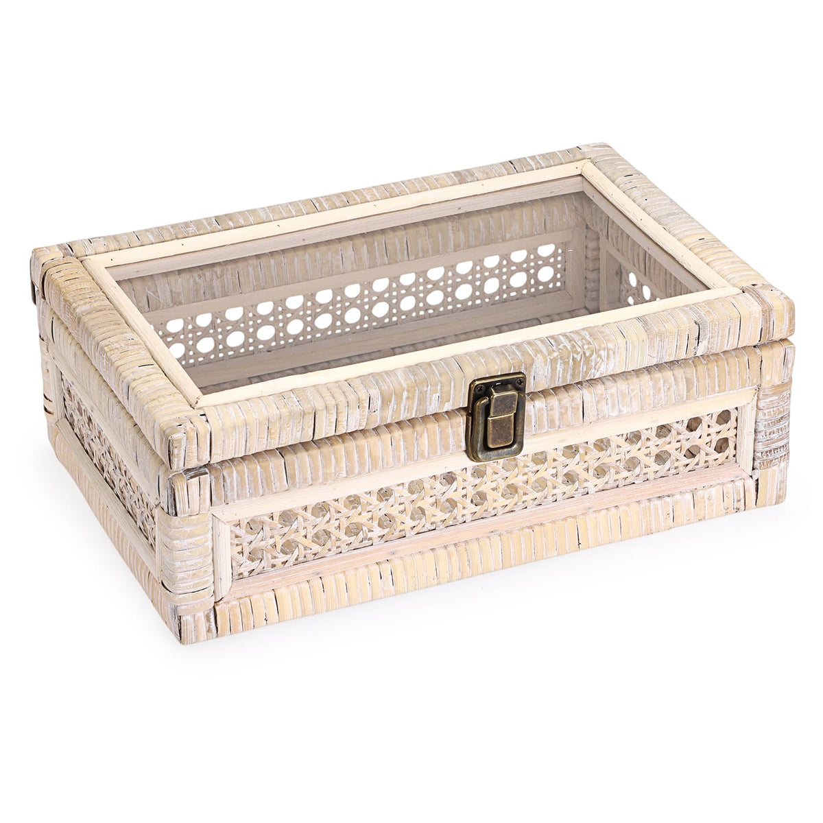 Hipiwe Rattan Display Box with Clear Lid Rectangular Wicker Storage Basket
