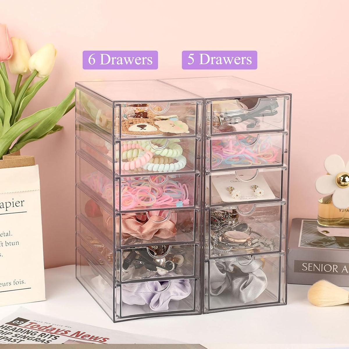 Hipiwe Plastic Drawer Organizer Desktop Storage Box with 6 Pull Out Drawers
