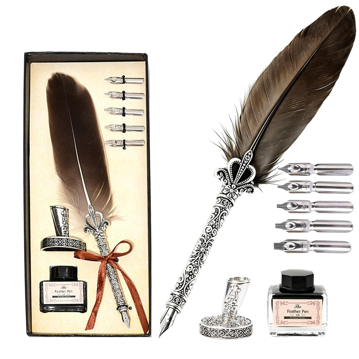 Joyeee Grey Feather Quill Pen Set, with Dip Pen Ink, Pen Nib Base, Replacement Stainless Steel Nibs, Sealing Wax Stamp Kit for Calligraphy Practice, Drawing & Signatures, Best Gifts for Women Men