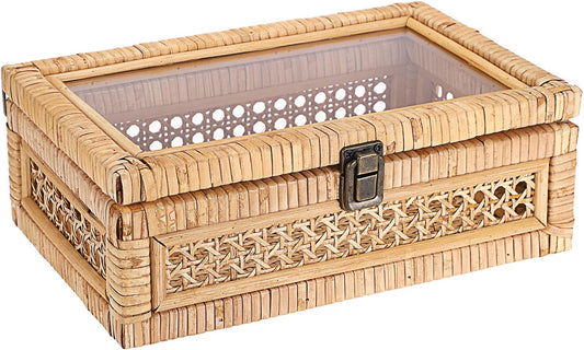Hipiwe Rattan Display Box with Clear Lid Rectangular Wicker Storage Basket