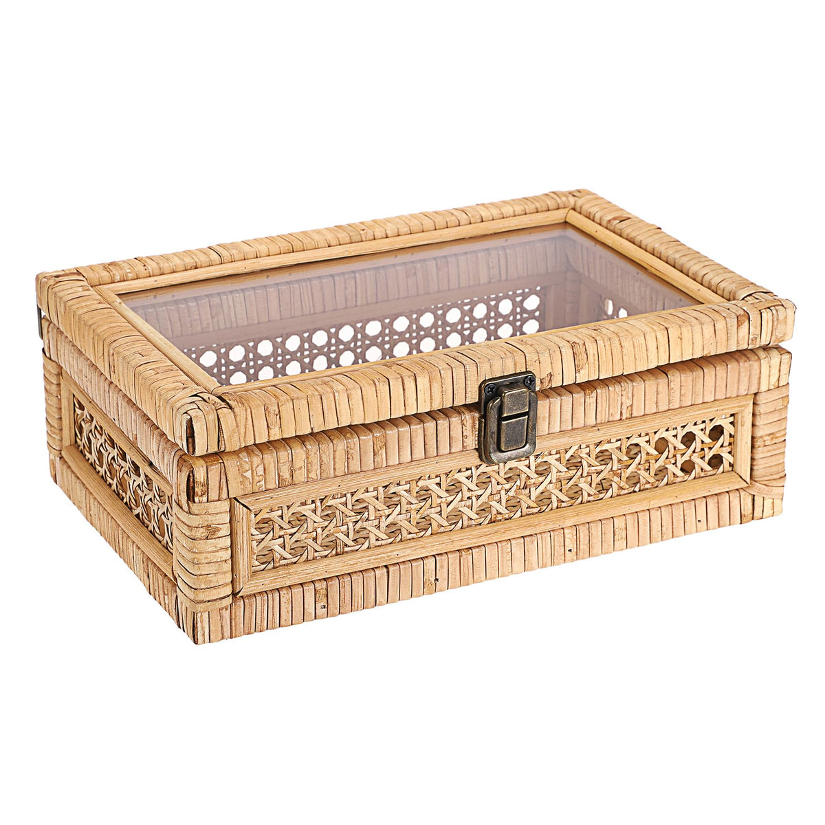 Hipiwe Rattan Display Box with Clear Lid Rectangular Wicker Storage Basket