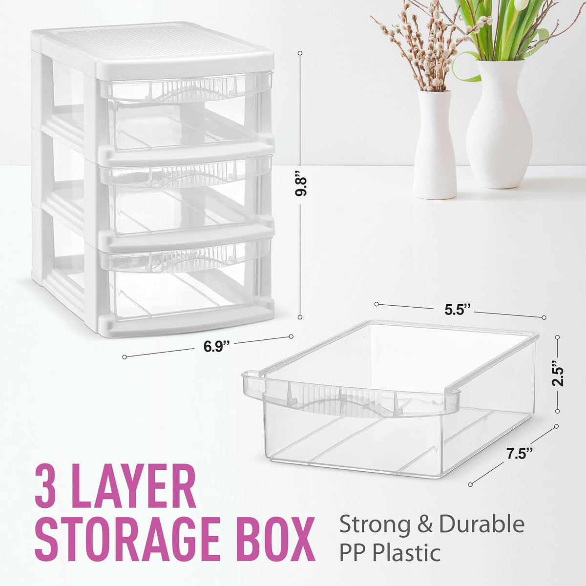 Tribello 3 Drawer Plastic Storage, Mini Drawer Unit, White Frame With Clear Drawers for Craft Storage - 8.5"L X 7"W X10"H Inches - (1 Pack)