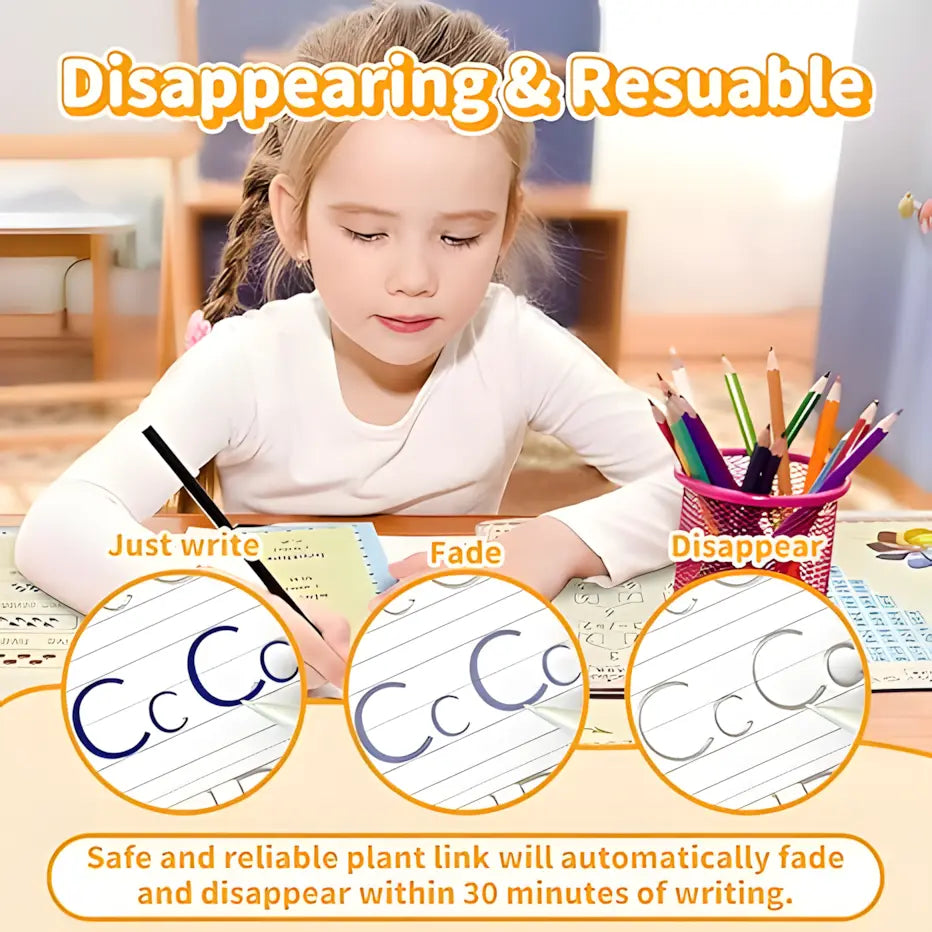 Reusable Disappearing Ink Handwriting Practice Copybook Set - 5 Books, 2 Pens, 10 Refills, 2 Pen-hold Silicone Grips, Thick Paper Groove Template, Back to School Kids Ages 3-10 Office Stationery School Supplies, Travel-friendly Gift