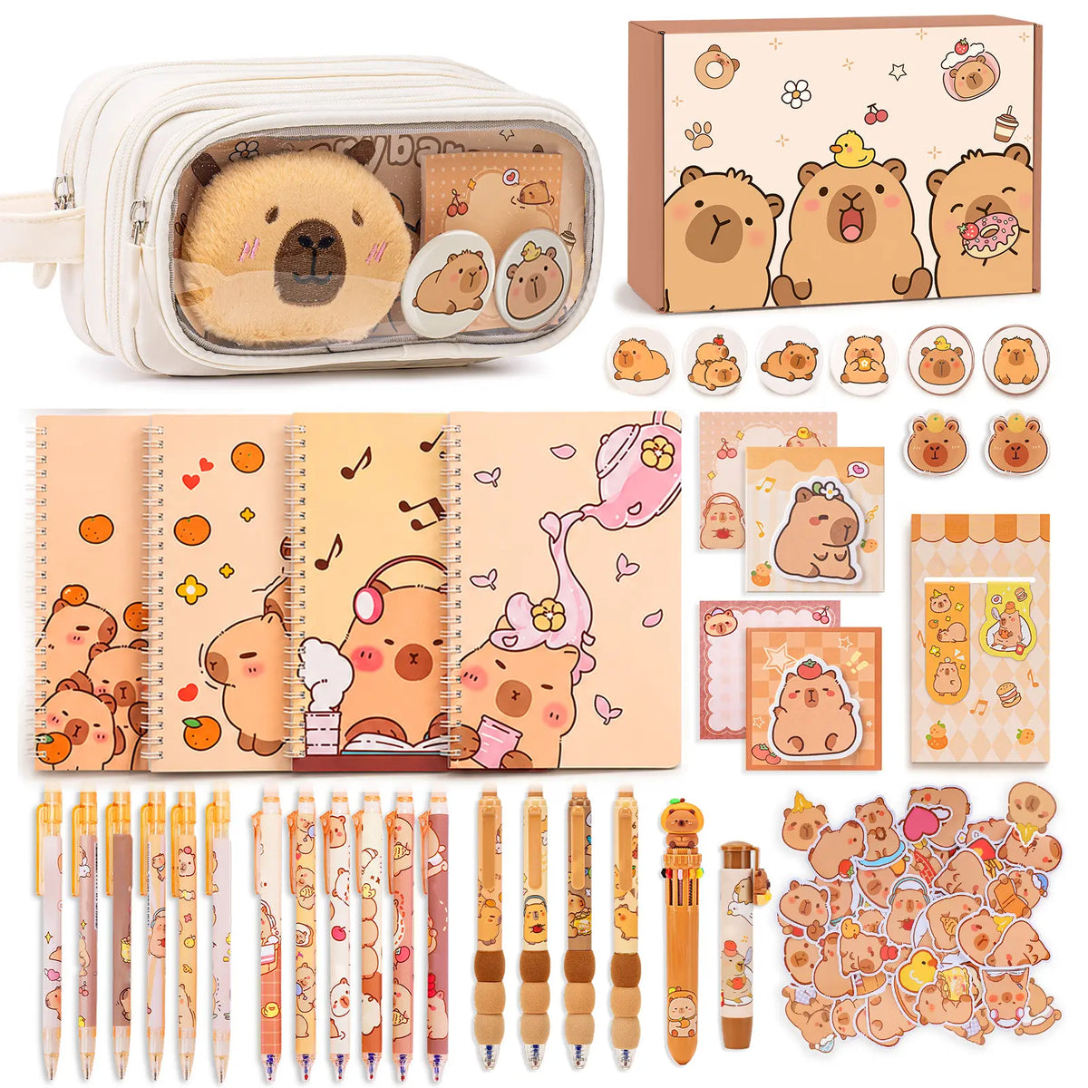Similove Lightweight Capybara Print Kawaii Stationery Set - Pencil Pouch, Gel Pens, Mechanical Pencils, Stickers, Pins, Notebooks, Sticky Notes, Office Accessories, Teen Girl Gifts, Back to School Supplies,sohochic