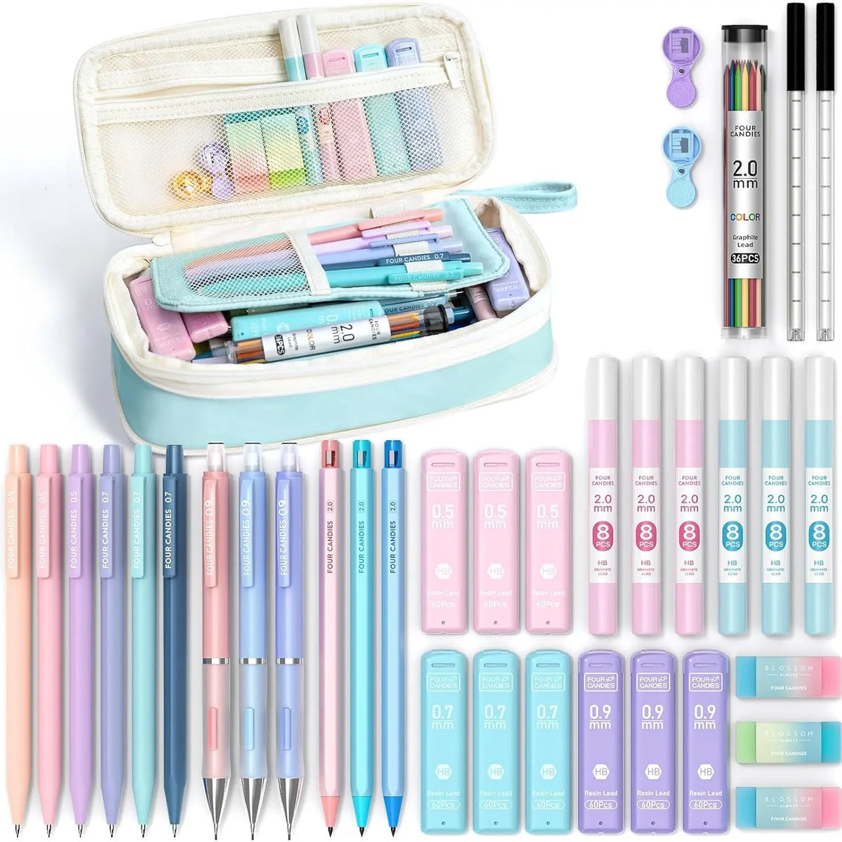 Four Candies 36PCS Learning Materials, Aesthetic School Supplies in Large Capacity Pencil Case, 12PCS Mechanical Pencils 0.5-2.0mm with 624PCS Lead Refills,Cute Aesthetic Mechanical Pencils for Writing,Drawing & Drafting, Back to School Supplies Shopping