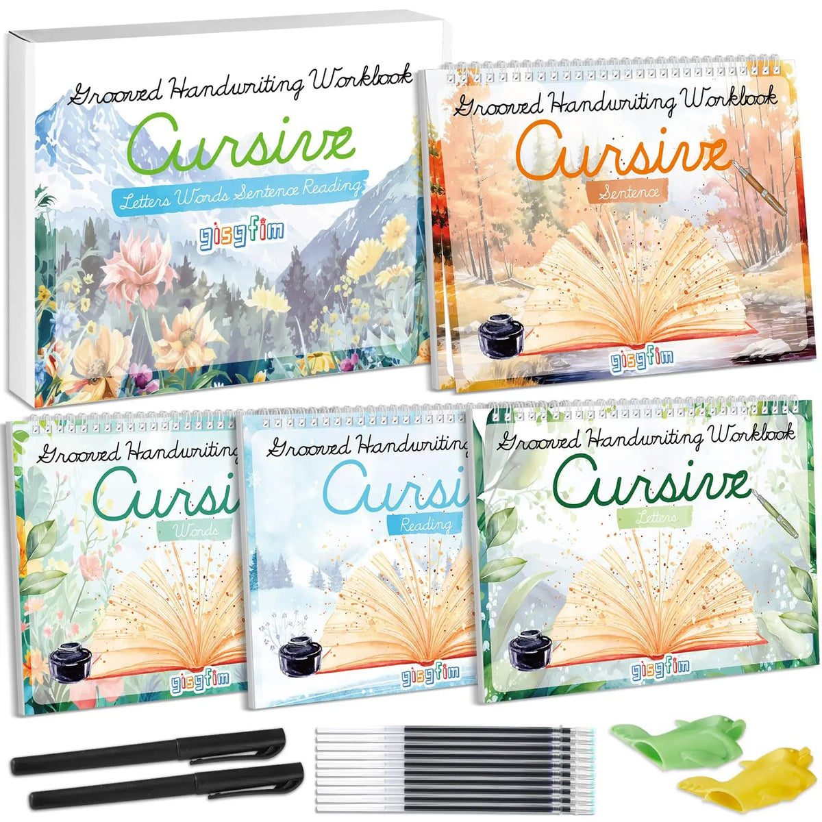 GISGFIM 4-Pack Cursive Handwriting Practice Kits - Grooved Magic Calligraphy Paper Set with Disappearing Ink Pens, 10 Refills, Heavy-Duty Card for Kids' School Supplies, Homeschool Curriculum, Cursive Kickoff Student Workbook, Reusable Workbooks