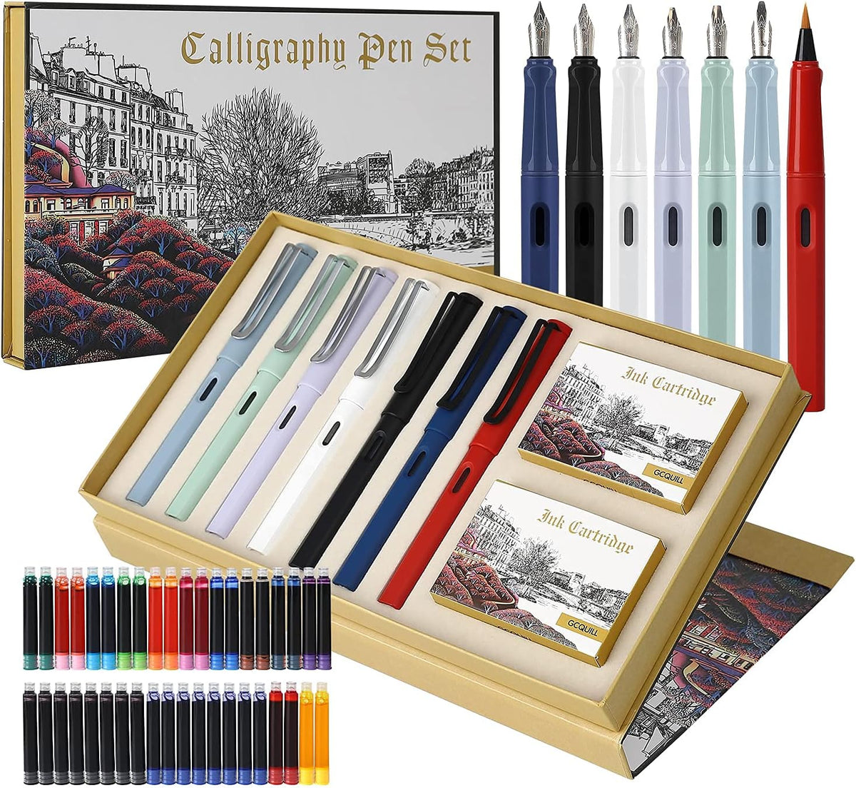 Calligraphy Fountain Pen Set- 7 with Different Nibs and 40 Ink Cartridges for Beginners- MU-09