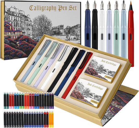Calligraphy Fountain Pen Set- 7 with Different Nibs and 40 Ink Cartridges for Beginners- MU-09
