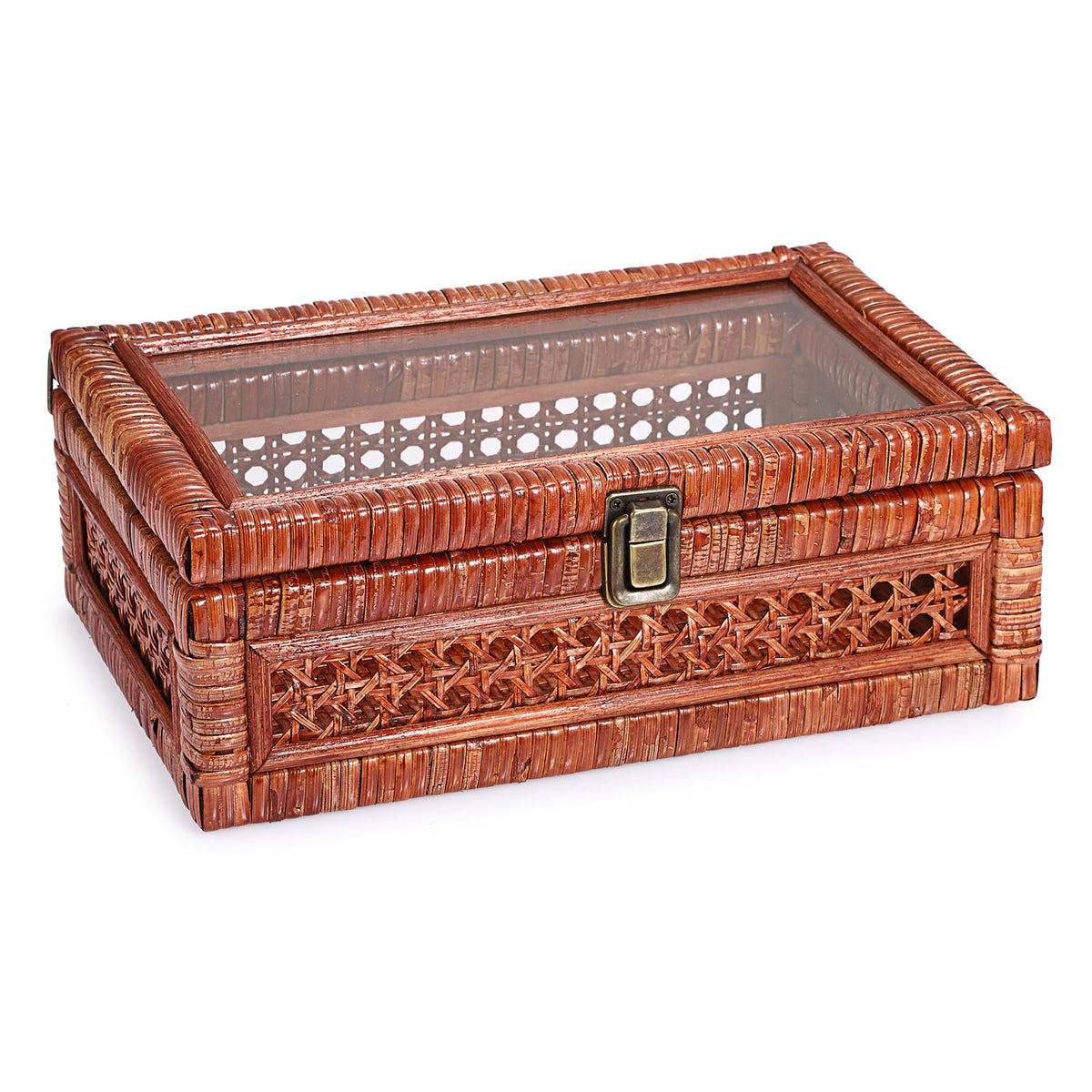 Hipiwe Rattan Display Box with Clear Lid Rectangular Wicker Storage Basket
