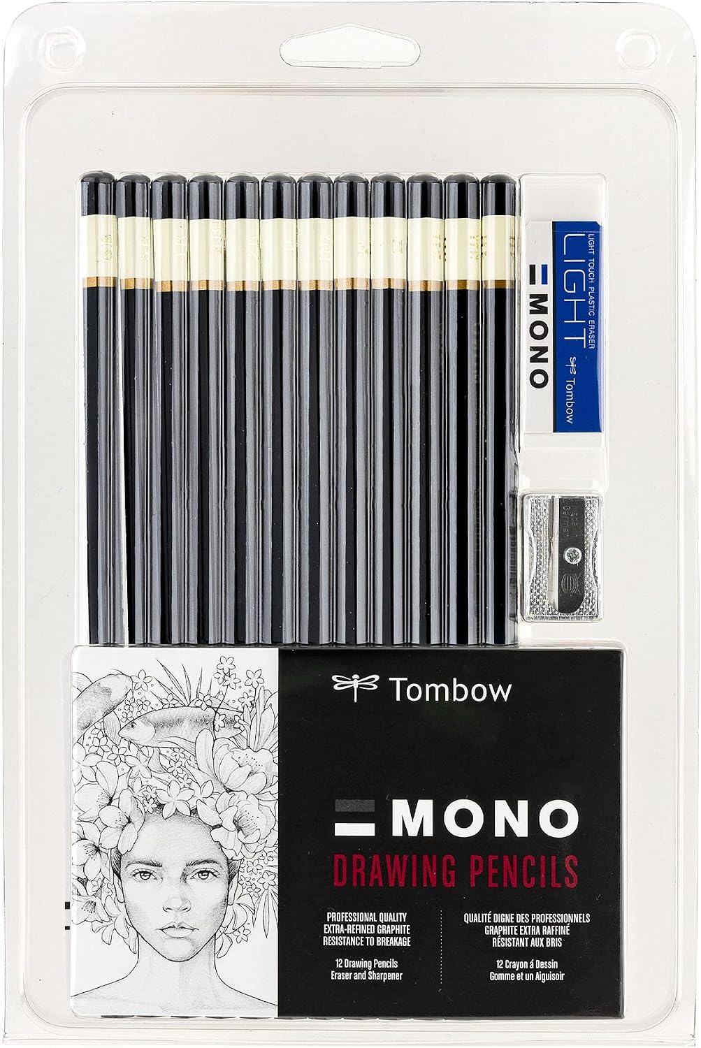Tombow 51523 MONO Drawing Pencil Set, Assorted Degrees, 12-Pack. Professional Quality Graphite Pencil Set with Eraser and Sharpener