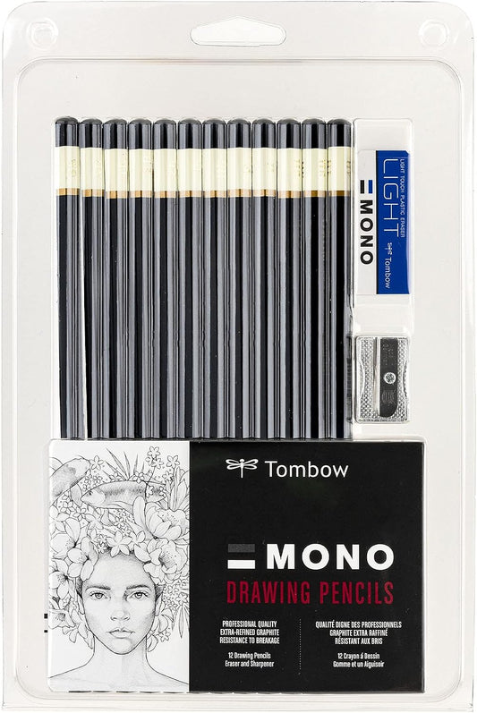 Tombow 51523 MONO Drawing Pencil Set, Assorted Degrees, 12-Pack. Professional Quality Graphite Pencil Set with Eraser and Sharpener