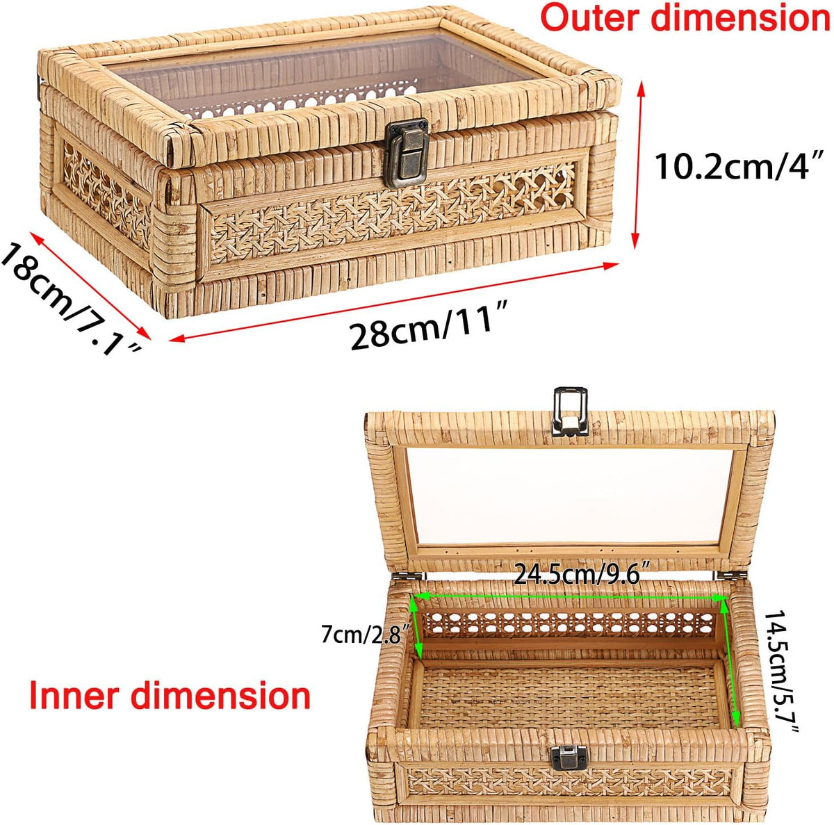 Hipiwe Rattan Display Box with Clear Lid Rectangular Wicker Storage Basket