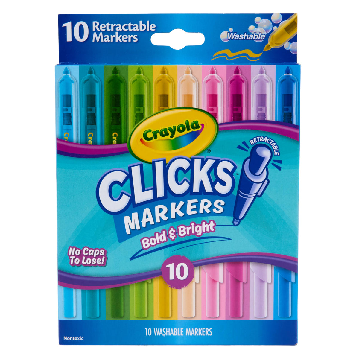 Crayola Clicks Retractable Tip Markers (10ct), Washable Cone Tip Art Marker Set, Cute Aesthetic School Supplies, Classroom Must Haves, Ages 3+