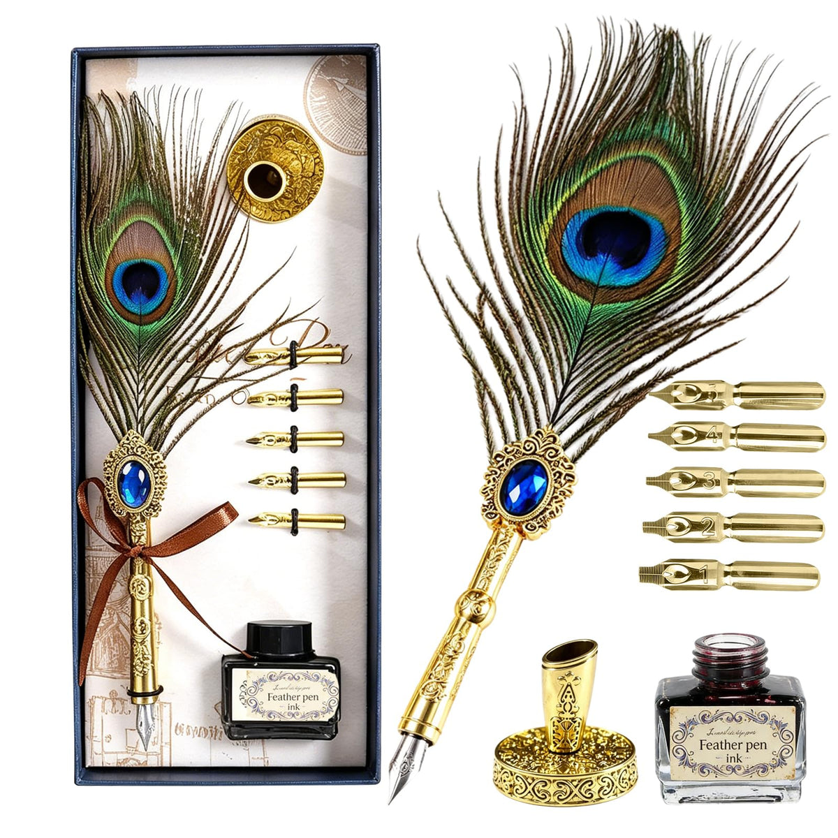 Joyeee Grey Feather Quill Pen Set, with Dip Pen Ink, Pen Nib Base, Replacement Stainless Steel Nibs, Sealing Wax Stamp Kit for Calligraphy Practice, Drawing & Signatures, Best Gifts for Women Men