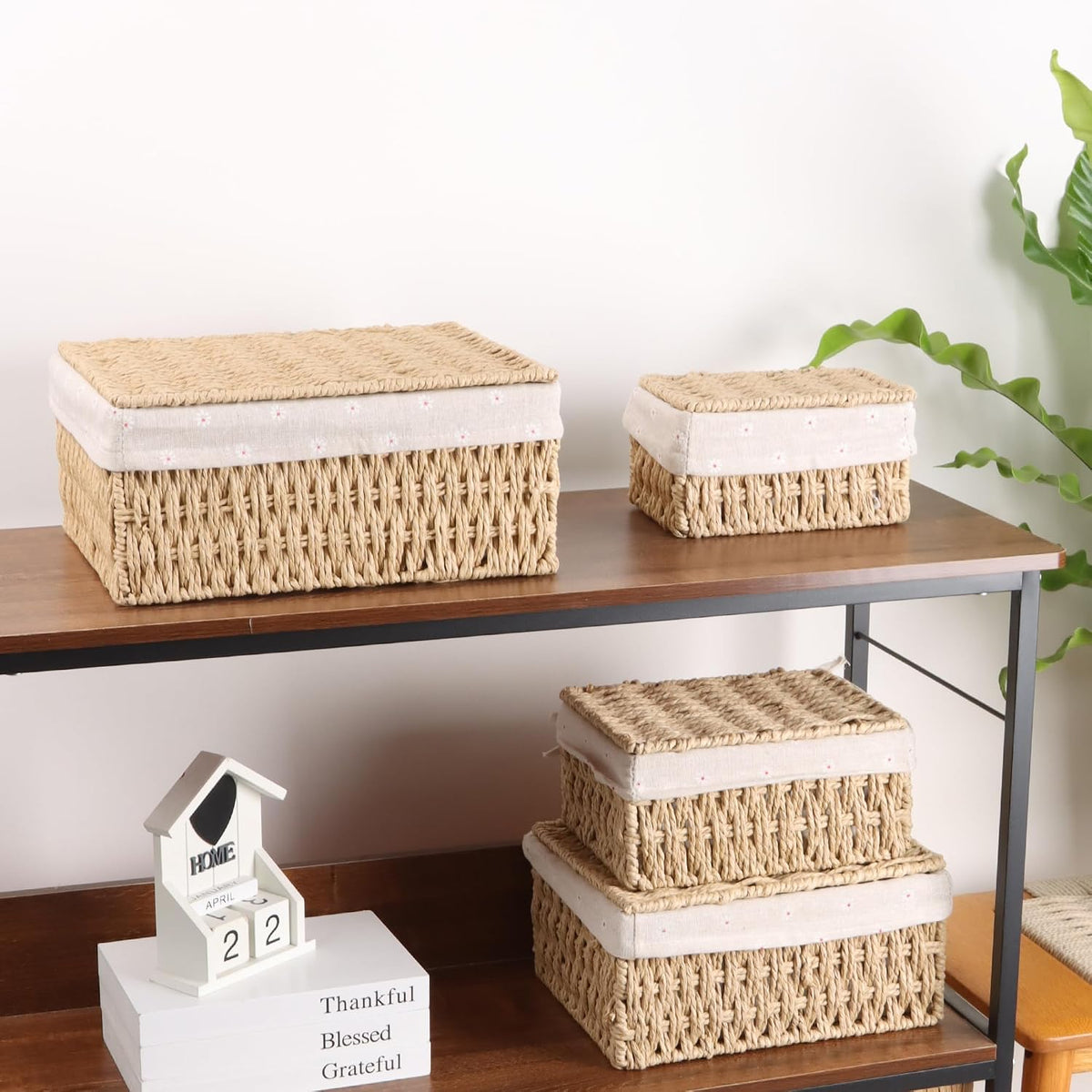 FEILANDUO Wicker Shelf Baskets Bin with Lid, Handwoven Paper Rope Baskets for Organizing, Rectangular Basket for Storage, Desktop Boxes with Lids Home Organizer Decor, Large