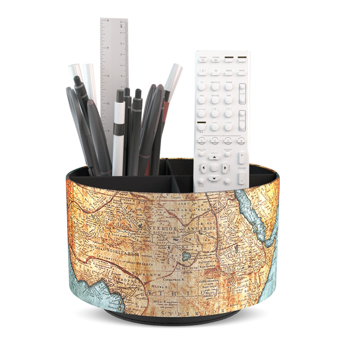 Round Leather Art Supply Organizer,Remote Control Holder,360 Degree Rotating,Multi-Functional Pencil Holder,4 Compartments Desktop Stationary Organizer(1-Fractal Flower)