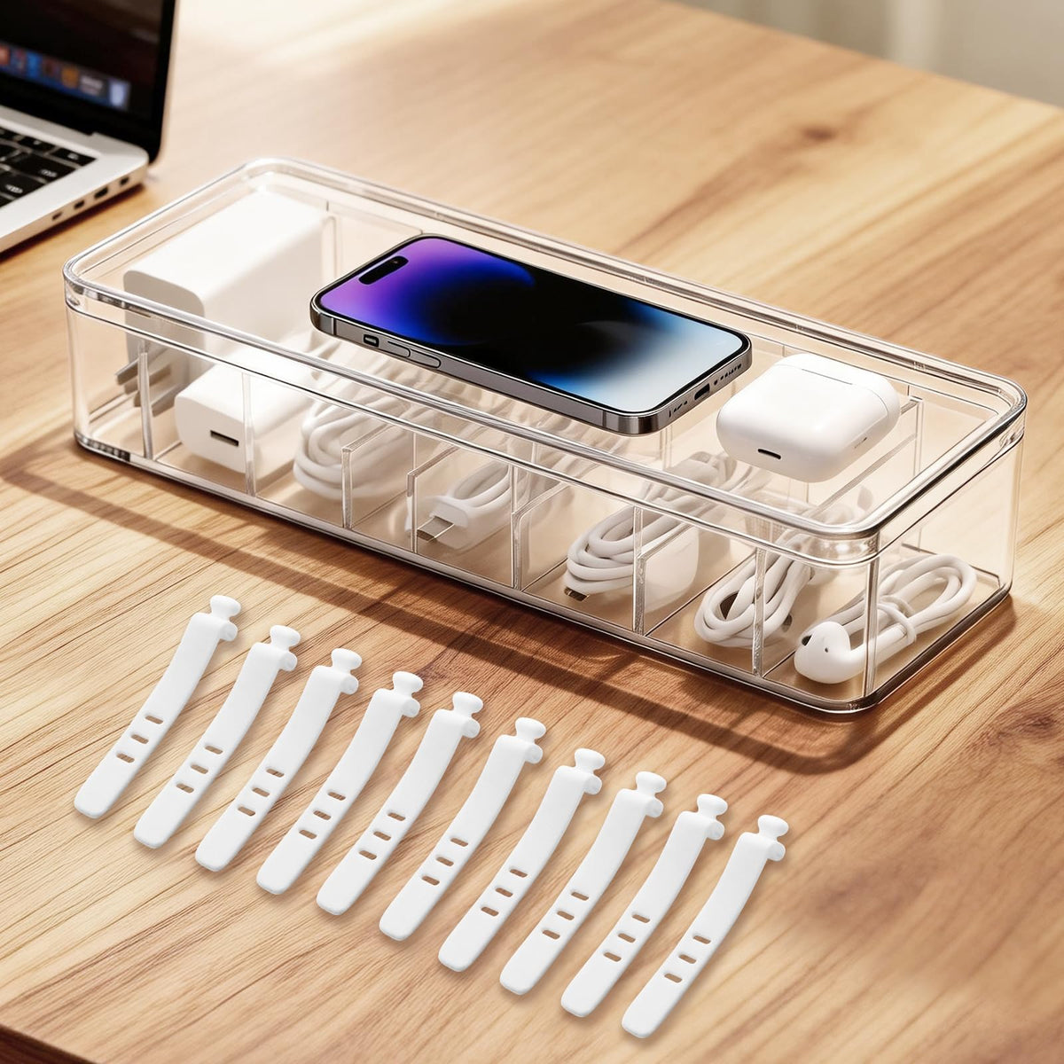 2 Pack Cable Organizer Box with Lid - Stackable Charger Cord Storage Organizer with 20 Wire Ties - Adjustable Compartments Phone Cables Wire Management Box for Drawer Desk Office Home Accessories